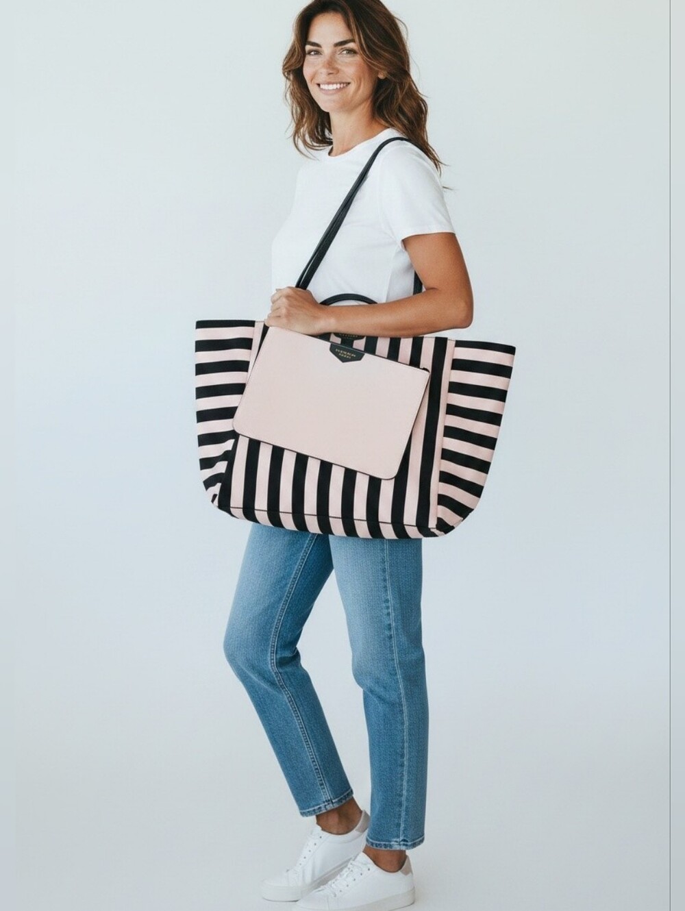 Victorias Secret Large Black & Pink Striped Large Bag NEW Rare